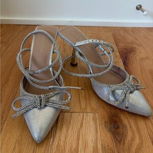 Silver Pointed Bow Crystal-Strap Heels